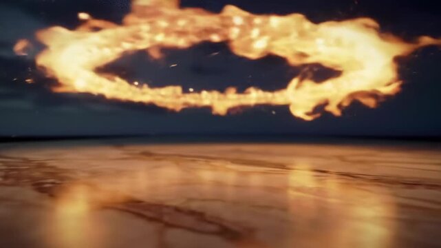 Abstract flame circle with reflection on surface, fire ring, dark night sky. Abstract background with fire and reflection, energy.