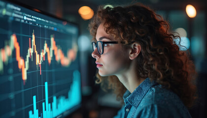Woman analyzes financial data on computer screen showing stock market charts, analytics. Wears glasses, concentrating on growth trends, investment strategies. Visual represents data analysis,