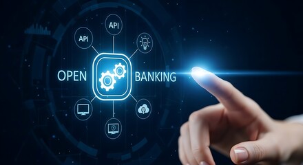A glowing finger touches a digital interface displaying "Open Banking" with icons representing APIs, computers, and cloud services.