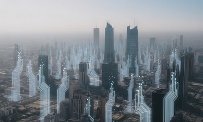 Naklejka premium Aerial view of a futuristic city, overlaid with digital circuit patterns.