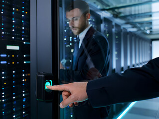 Data Center Access Control: A professional in a business suit utilizes fingerprint biometrics for secure server room entry, showcasing cutting-edge technology and advanced data protection.