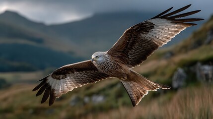 Obraz premium Majestic red kite soaring high above mountains, wings spread wide, capturing the essence of freedom