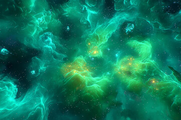 Vivid cosmic nebula with swirling green and blue gases illuminated by distant stars