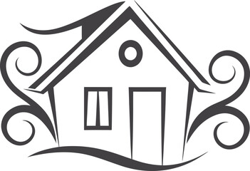 Hand drawn house icon vector illustration, simple black and white line art, minimalist home symbol, decorative doodle building design for real estate, architecture, and construction projects