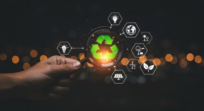 Sustainable Energy and Recycling Concept: Magnifying Glass Focusing on Recycling Symbol with Eco Icons