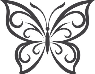 Hand drawn butterfly icon vector illustration, simple black and white line art, minimalist insect symbol, decorative doodle butterfly design for nature, spring, and botanical projects