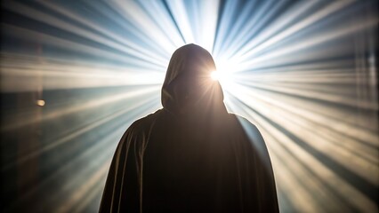 Mysterious figure cloaked in shadow with radiant light evoking intrigue and suspenseful storytelling