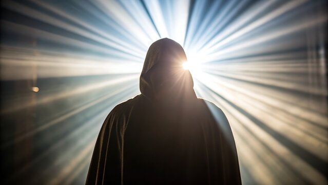 Mysterious figure cloaked in shadow with radiant light evoking intrigue and suspenseful storytelling