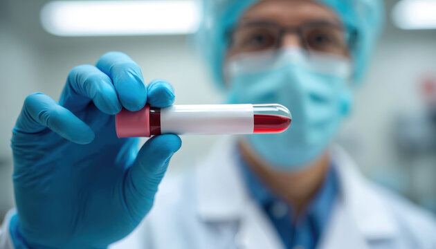 Lab technician in sterile gloves holds test tube with red blood sample for lipid panel test. Medical pro in face mask, cap prepares blood for analysis. Healthcare, diagnostics, and research.