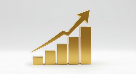 Golden Bar Graph with Upward Arrow Symbolizing Financial Growth and Business Success on Clean Background