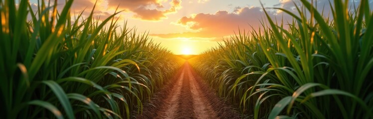 Vibrant sugarcane field at sunset, with rich green stalks lining dirt road leading towards setting sun. Warm sunlight filters through tall grass, creating dramatic shadows, golden glow. Agricultural