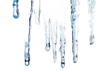 A close-up view of icicles melting, showcasing the intricate details of dripping water, set against a stark black background, ideal for illustrating winter themes or nature's beauty
