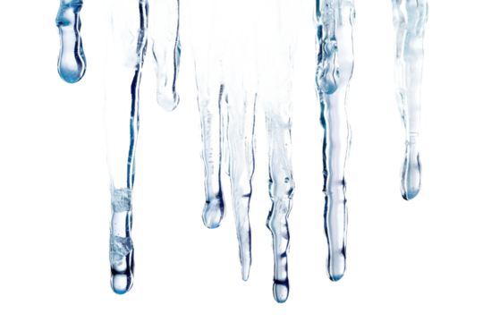 A close-up view of icicles melting, showcasing the intricate details of dripping water, set against a stark black background, ideal for illustrating winter themes or nature's beauty