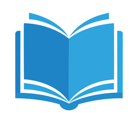 Simple blue open book logo, an illustration representing education, reading, learning, knowledge, library, literature, and school subjects