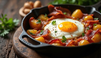 Tiroler Grostl, hearty Austrian dish featuring bacon, onion, potato fry-up topped with perfectly fried egg. Presented in cast iron skillet on rustic wooden board, this meal is classic comfort food.