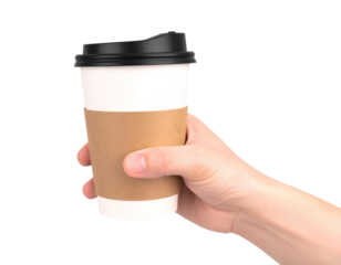 Eco-Friendly Paper Coffee Cup in Male Hand – PNG Isolated.