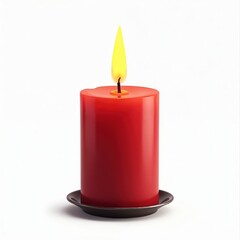 Cylindrical red candle burning with bright flame. Smooth wax on dark metal base provides warm glow. Simple, elegant object symbolizing faith, ritual, and celebration for home decor.