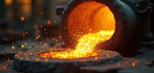 Experienced goldsmith skillfully pours molten gold from crucible into mold. Precision, expertise in metal refinement, smelting process. Industrial gold production, precious metal transformation,
