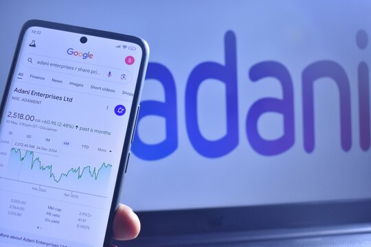 mobile phone with Adani Shares chart against a Adani Logo.