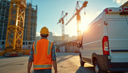 Construction worker in orange safety vest and yellow helmet looks at white van on bright sunny day. Cranes and building structures in background, city development project.