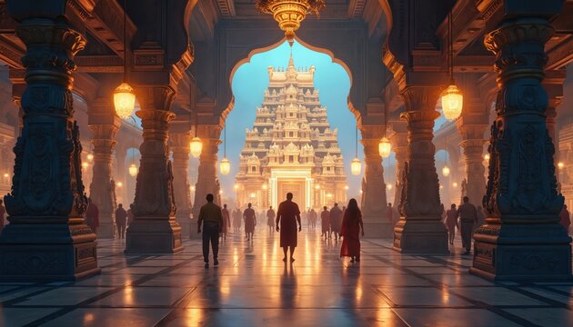 Devotees walk towards grand Indian temple, towering architecture illuminated by warm lights. People in traditional attire gather within ornate halls, creating spiritual atmosphere. Scene captures