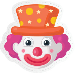 a cartoon illustration of a clown's head, complete with a colorful top hat adorned with stars and polka dots, pink curly hair, a white face with rosy cheeks, and a large red clown nose and smile. 