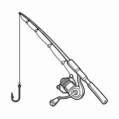 Fishing Rod and Hook Outline Illustration for Angling and Outdoor Sports

