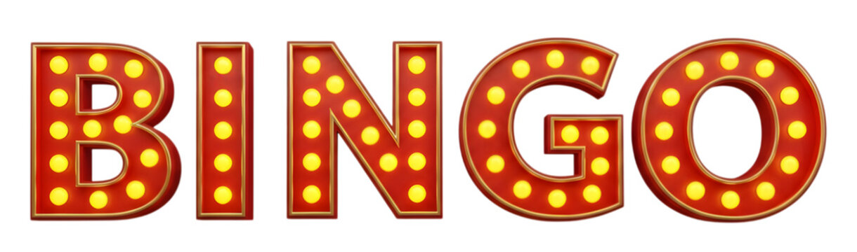 The word bingo in illuminated marquee letters, isolated on a transparent background