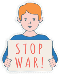 a cartoon illustration of a person holding a sign that says "STOP WAR!"