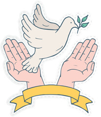  a dove, a widely recognized symbol of peace, flying above two open hands with an olive branch in its beak