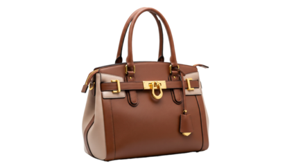 Elegant brown and beige leather handbag fashion accessory gold tote chic on transparent background