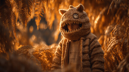 Halloween costume. Child in cozy monster costume stands amidst golden ferns, creating whimsical and enchanting atmosphere