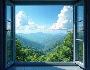 Fototapeta premium Open window frames green mountain range under bright blue sky with fluffy white clouds. Sunlight illuminates rolling hills, dense forests, offering peaceful pastoral scene. Serene natural landscape
