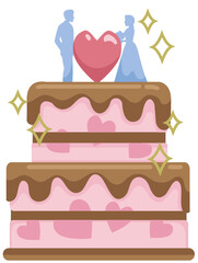 a tiered wedding cake, adorned with a heart and figures representing a bride and groom on top. 