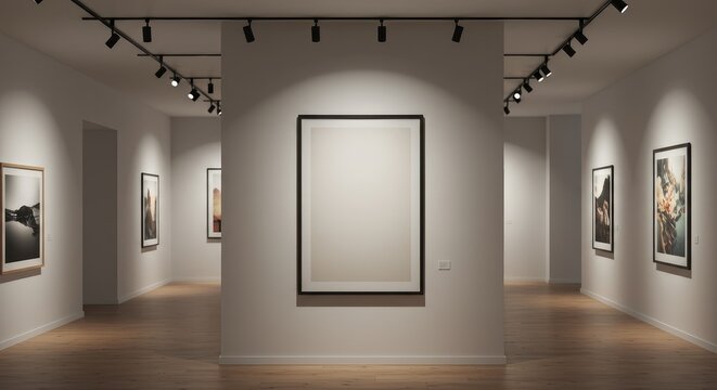 Modern Art Gallery Interior with Framed Artwork and Track Lighting, Minimalist Design