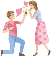 A man is seen kneeling on one knee, a traditional gesture for proposing marriage, and is presenting an engagement ring in a box to a woman