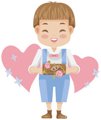 a cartoon illustration of a boy holding a gift box, possibly containing a heart or chocolates, with pink hearts and stars in the background.