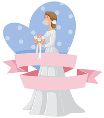 The image depicts a cartoon bride in a white wedding dress, holding a bouquet of flowers, set against a light blue heart-shaped background with polka dots