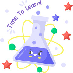 cartoon flask, commonly known as a beaker or Erlenmeyer flask in a laboratory setting, accompanied by the uplifting phrase "Time To Learn!" 