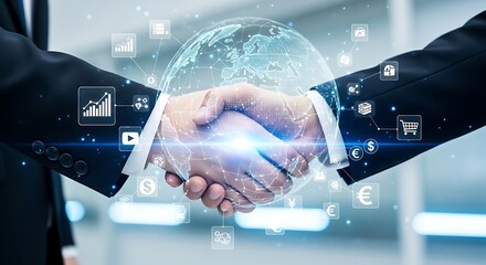 Global business partnership symbolized by a handshake, surrounded by digital icons representing international commerce and technology.