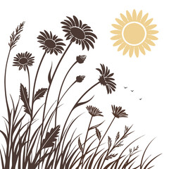 Obraz premium Stylized daisies and grass silhouettes under a yellow sun with flying birds