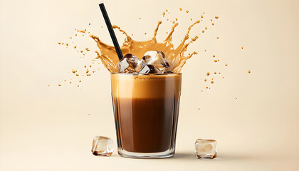 Iced coffee drink in tall glass. Rich brown liquid with ice cubes, black straw, captured mid-splash. Perfect for summer refreshment,