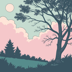 Fototapeta premium Stylized silhouette of a large tree and evergreen forest under a pastel sky with clouds and moon