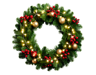 Realistic Christmas Wreath with Glowing Lights – Transparent PNG.