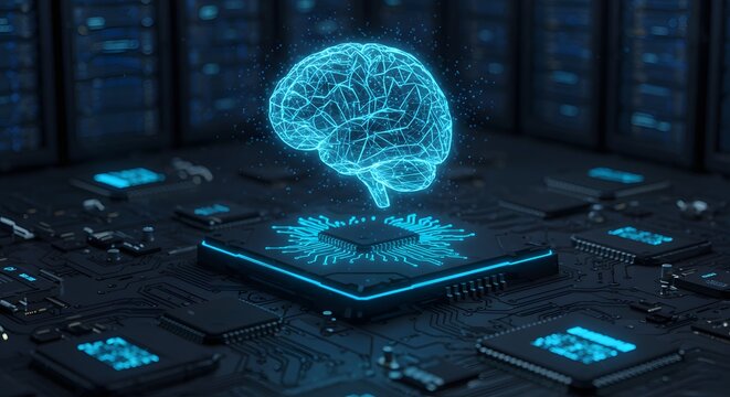 Holographic brain above a circuit board in a server room setting