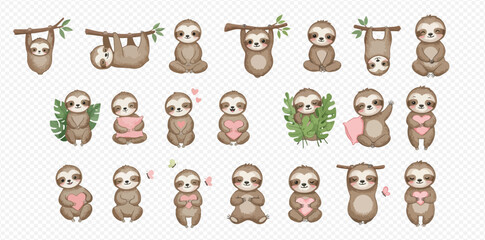 A charming collection of cute watercolor sloth illustrations in various poses, including hanging from branches, sitting, and holding pink hearts.