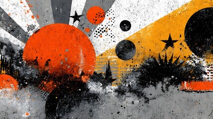 A striking abstract composition featuring bold geometric shapes vibrant colors and silhouetted elements evoking a surreal futuristic landscape inspired by the cosmos and nature