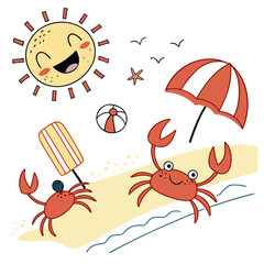 Two happy cartoon crabs enjoying a sunny day at the beach with an umbrella and ice pop