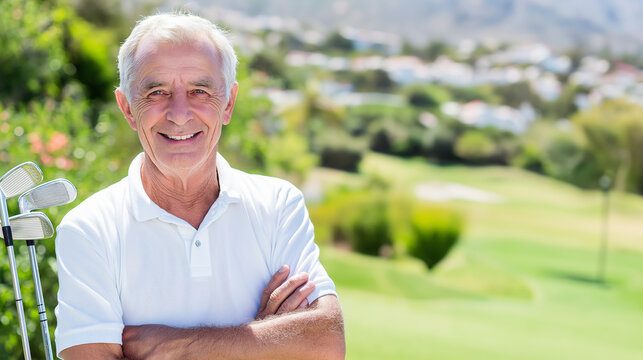 A senior golfer stands proudly on the green course, with a warm smile, enjoying the sunny weather. Golf clubs rest nearby as he takes a moment to appreciate the surroundings.