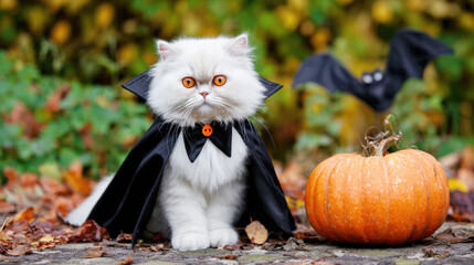 Fluffy cat wearing a black graduation gown with an orange button bow tie sits beside a pumpkin on autumn ground, creating a festive halloween mascot moment and charming achievement.